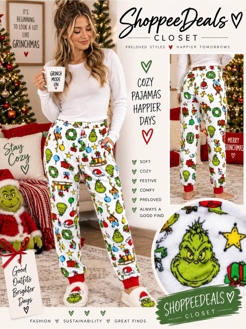 Grinch Christmas Fleece Pajama Jogger Pants